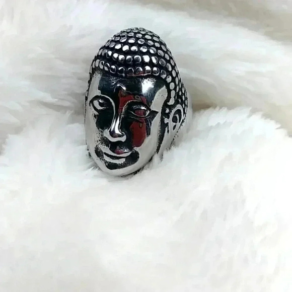 Unisex Silver Buddha Ring Stainless Steel Hypoallergenic Statement Ring - Picture 6 of 9